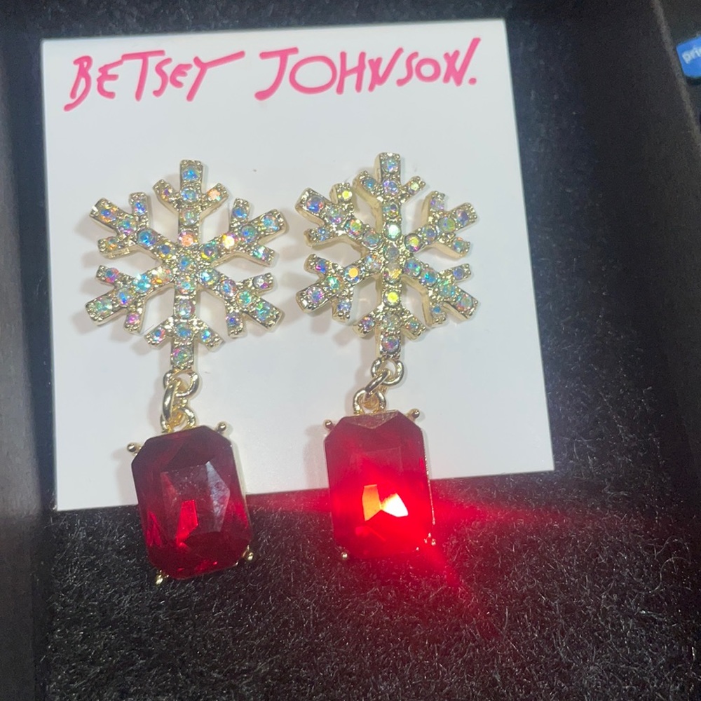 Betsey Johnson Gold Tone Iridescent Snowflake with Dangling Red Stone